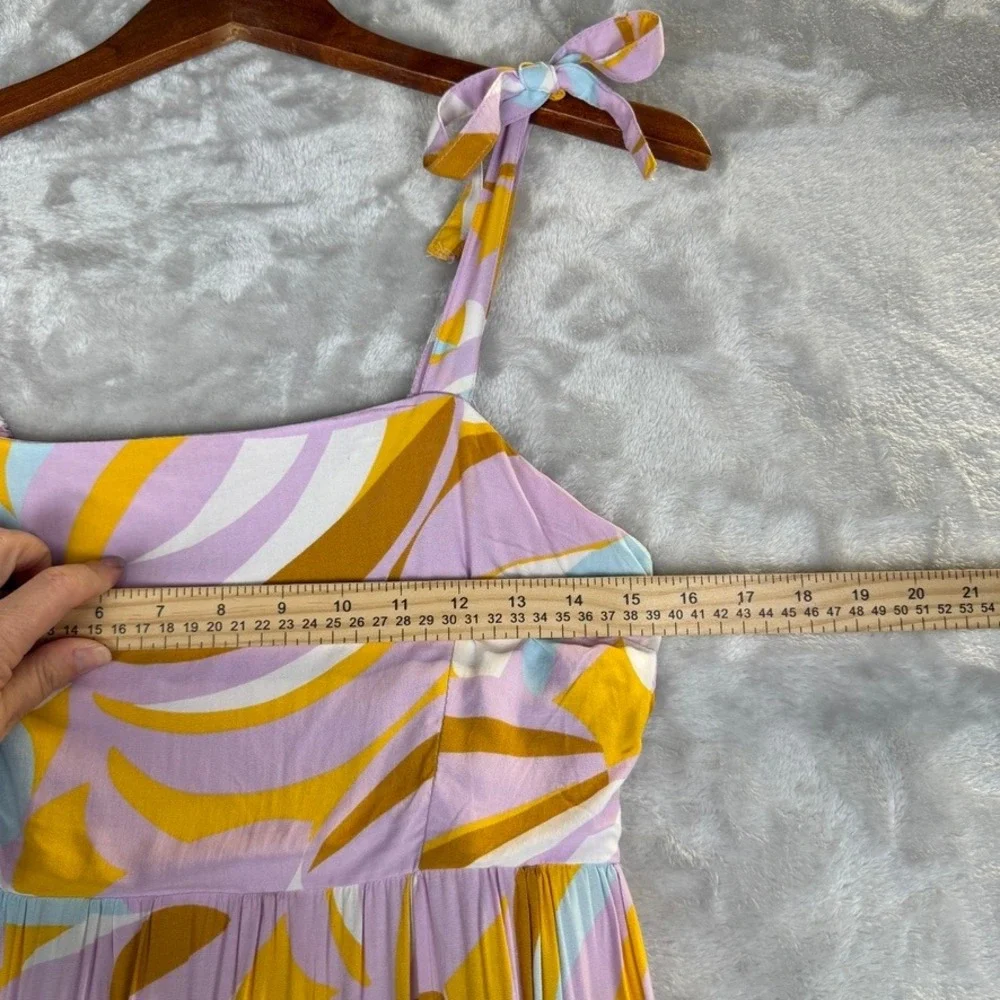 spring tiered midi dress print smocked bodice tie‎ straps lavender yellow